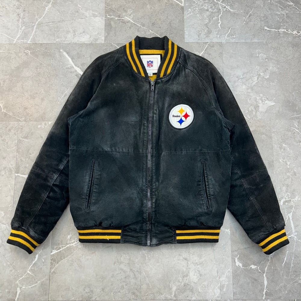 Vintage Pittsburgh Steelers Suede Leather Bomber Jacket Mens Large Distressed